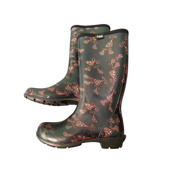 Stride Sloggers Womens Rubber Rain Boots With Red & Black Paisley Print Size 9 - Picture 2 of 7